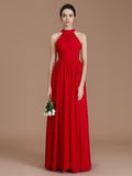 A-Line/Princess Halter Sleeveless Ruched Floor-Length Chiffon Bridesmaid Dresses TPP0005060