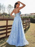 A-Line/Princess Lace Ruffles V-neck Sleeveless Sweep/Brush Train Dresses TPP0001390