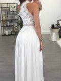 A-Line/Princess Sleeveless Halter Floor-Length Chiffon Lace Dresses TPP0002413