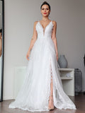 A-Line/Princess Lace Ruffles V-neck Sleeveless Sweep/Brush Train Wedding Dresses TPP0006454