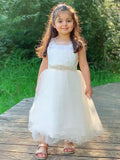 A-Line/Princess Tulle Lace Scoop Sleeveless Tea-Length Flower Girl Dresses TPP0007477