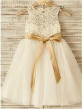 A-line/Princess Scoop Sleeveless Bowknot Knee-Length Tulle Flower Girl Dresses TPP0007495