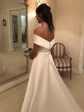 A-Line/Princess Off-the-Shoulder Sleeveless Sweep/Brush Train Ruffles Satin Wedding Dresses TPP0005973