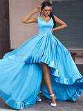 A-Line/Princess Satin Ruffles V-neck Sleeveless Asymmetrical Dresses TPP0001559