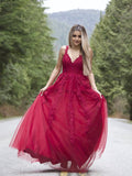 A-Line/Princess Applique Tulle Sleeveless V-neck Floor-Length Dresses TPP0002190