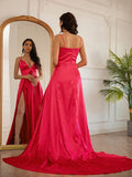 A-Line/Princess Silk like Satin Ruched V-neck Sleeveless Sweep/Brush Train Dresses TPP0001389