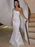 A-Line/Princess Satin Ruched Strapless Sleeveless Court Train Wedding Dresses TPP0006532