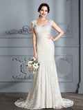 Trumpet/Mermaid Sleeveless V-Neck Lace Sweep/Brush Train Wedding Dresses TPP0006374