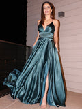 A-Line/Princess Silk like Satin V-neck Ruffles Sleeveless Floor-Length Dresses TPP0001655