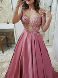 A-Line/Princess Sleeveless Scoop Floor-Length Applique Satin Dresses