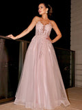 A-Line/Princess Applique Spaghetti Straps Sleeveless Tulle Floor-Length Dresses TPP0001620