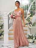 A-Line/Princess Sequins Ruched Straps Sleeveless Floor-Length Bridesmaid Dresses TPP0004943