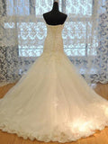 Trumpet/Mermaid Sweetheart Tulle Applique Sleeveless Court Train Wedding Dresses TPP0006373