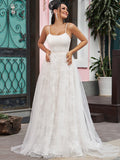 A-Line/Princess Lace Ruffles Spaghetti Straps Sleeveless Sweep/Brush Train Wedding Dresses TPP0006402