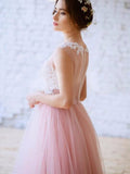 A-Line/Princess Applique Bateau Sleeveless Tulle Sweep/Brush Train Dresses TPP0003841