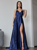 A-Line/Princess Satin Ruched V-neck Sleeveless Sweep/Brush Train Dresses