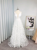 A-Line/Princess Sleeveless Organza V-neck Applique Sweep/Brush Train Wedding Dresses TPP0006149