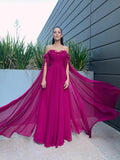 A-Line/Princess Chiffon Floor-Length Long Sleeves Ruffles Off-the-Shoulder Dresses TPP0001439