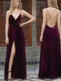 A-Line/Princess Spaghetti Straps Sleeveless Floor-Length Ruffles Velvet Dresses TPP0003096