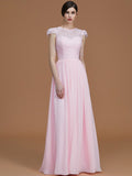 A-Line/Princess Jewel Short Sleeves Floor-Length Lace Chiffon Bridesmaid Dresses TPP0005810