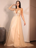 A-Line/Princess Lace Applique V-neck Sleeveless Sweep/Brush Train Wedding Dresses TPP0006491