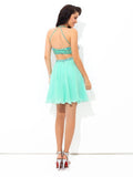 A-Line/Princess Sheer Neck Rhinestone Sleeveless Short Chiffon Two Piece Dresses TPP0008640