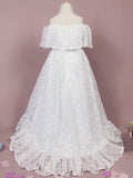 A-Line/Princess Lace Ruffles Off-the-Shoulder Sleeveless Floor-Length Flower Girl Dresses TPP0007503