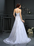 A-Line/Princess Strapless Applique Sleeveless Long Satin Wedding Dresses TPP0006744