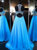 A-Line/Princess Jewel Sleeveless Sweep/Brush Train Beading Tulle Dresses TPP0001718