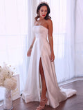 A-Line/Princess Satin Ruffles Strapless Sleeveless Sweep/Brush Train Wedding Dresses TPP0006459