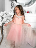 A-Line/Princess Tulle Beading Scoop Sleeveless Tea-Length Flower Girl Dresses TPP0007469