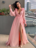 A-Line/Princess 3D Chiffon Ruffles V-neck Long Sleeves Sweep/Brush Train Dresses TPP0004661