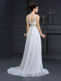 A-Line/Princess Bateau Ruffles Sleeveless Long Chiffon Wedding Dresses TPP0006616