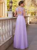 A-Line/Princess Scoop Short Sleeves Floor-Length Beading Chiffon Dresses TPP0003447