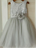 A-line/Princess Scoop Sleeveless Sequin Tea-Length Tulle Flower Girl Dresses TPP0007673