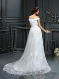 A-Line/Princess Off-the-Shoulder Applique Sleeveless Long Net Wedding Dresses TPP0006661