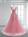 A-Line/Princess Scoop Sleeveless Sweep/Brush Train Applique Tulle Dresses TPP0001768