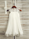 A-Line/Princess Chiffon Lace Scoop Sleeveless Tea-Length Flower Girl Dresses TPP0007518