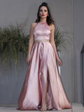 A-Line/Princess Elastic Woven Satin Ruffles Halter Sleeveless Sweep/Brush Train Dresses TPP0004807