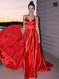 A-Line/Princess Elastic Woven Satin Ruffles V-neck Sleeveless Sweep/Brush Train Dresses TPP0001676