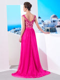 A-Line/Princess Sleeveless Sheer Neck Sweep/Brush Train Applique Chiffon Dresses TPP0003966