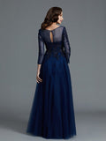 A-Line/Princess Long Sleeves Scoop Beading Floor-Length Tulle Mother of the Bride Dresses TPP0007069