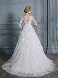 Ball Gown V-neck Court Train 1/2 Sleeves Lace Tulle Wedding Dresses TPP0006340