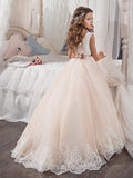 Ball Gown Jewel Sleeveless Lace Sweep/Brush Train Tulle Flower Girl Dresses TPP0007536