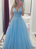 A-Line/Princess Sleeveless V-neck Floor-Length Pearls Tulle Dresses TPP0002824