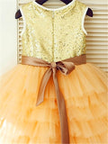 A-line/Princess Scoop Sleeveless Tea-Length Sequin Tulle Flower Girl Dresses TPP0007892