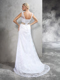 Sheath/Column Sheer Neck Hand-Made Flower Sleeveless Long Satin Wedding Dresses TPP0006901