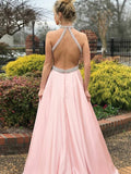 A-Line/Princess Sleeveless Halter Sweep/Brush Train Beading Satin Dresses TPP0002620