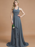 A-Line/Princess Halter Sleeveless Chiffon Sweep/Brush Train Bridesmaid Dresses TPP0005446