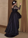 A-Line/Princess Long Sleeves Scoop Satin Applique Asymmetrical Plus Size Dresses TPP0002708